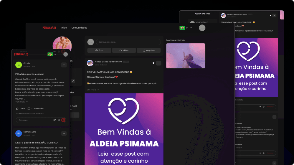 Feed da comunidade com canais e interações