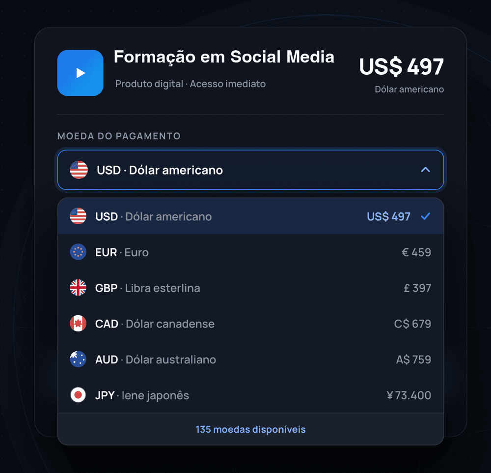 Checkout TheMembers com seletor de moeda do pagamento