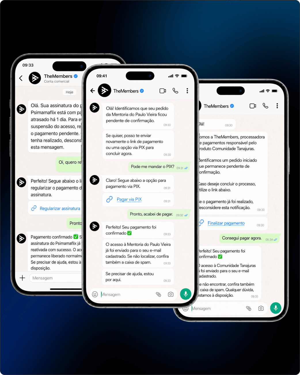 3 telas WhatsApp com IA conversando e pagamento confirmado