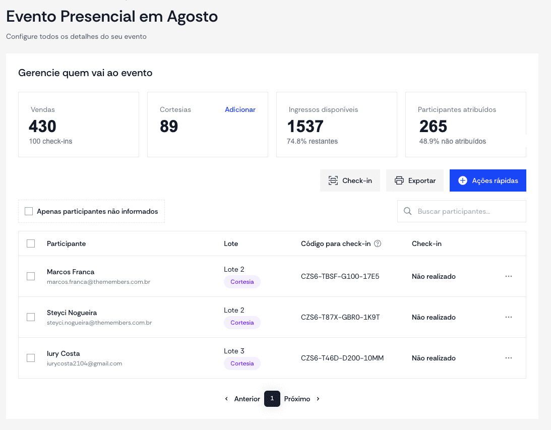 Gestão de participantes do evento com lotes, cortesias e check-in